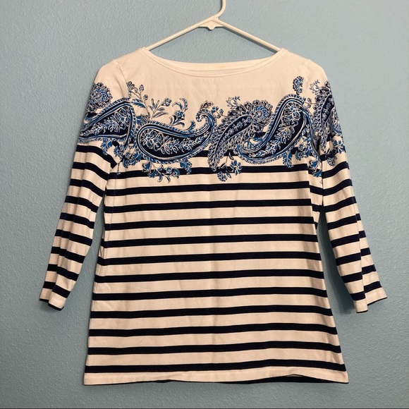 Talbots Tops - Talbots Petite 3/4 length sleeve Top - Paisley&stripes - Blue/White